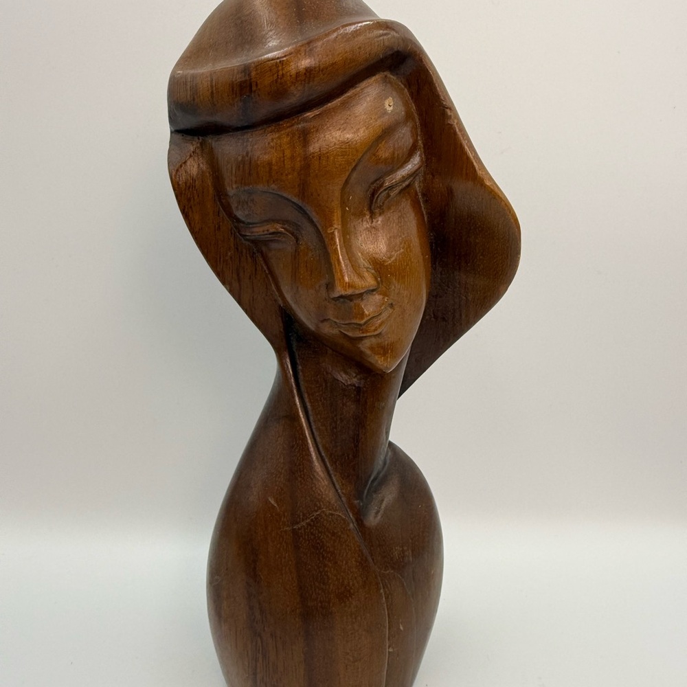Vintage MCM 10” Hand-Carved Wooden Abstract Woman Bust Sculpture